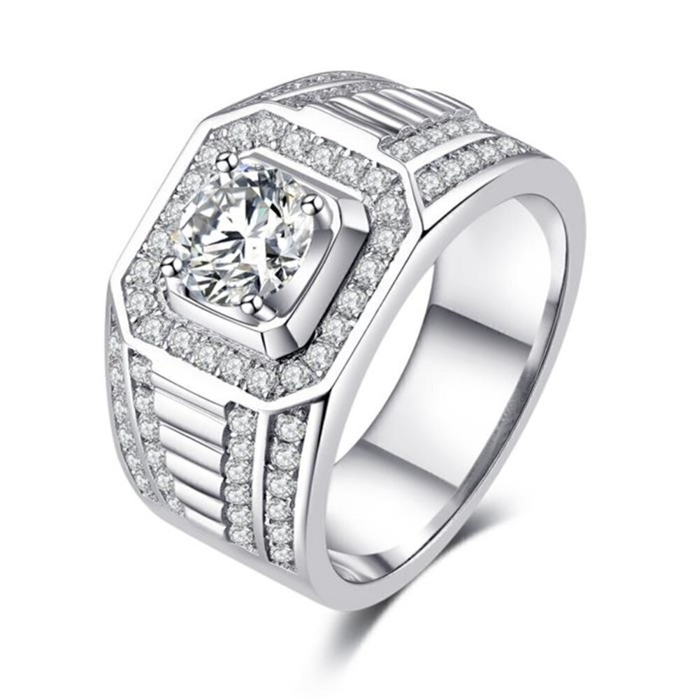 💎Fever Square Glitter Zircon Silver Chunky Wedding Rings for Man, PD663